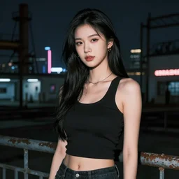 a beautiful young asian woman in abandoned industrial neon city at night, dark moody lighting, by jeremy mann and alphonse mucha, dramatic lighting, ethereal, stunning, breathtaking, awe - inspiring award - winning, 8 k