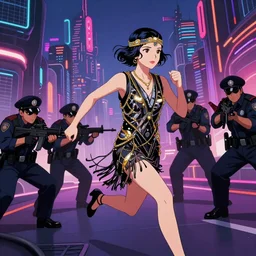 image of a beautiful girl with dark hair dressed in 1920\'s fashion with a sci fi twist, solar punk city background, she is running from a group of police enforcers who are trying to shoot her rich vivid colors, ambient lighting, dynamic lighting, 4k, HQ, official media, anime key visual, syd mead, makoto shinkai, ilya kuvshinov, lois van baarle, rossdraws, detailed, trending on artstation