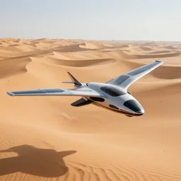 futuristic flying vehicle with articulated flitting wings flying over a beautiful desert with dunes