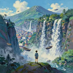 tiny businessman in front of a japanese city in the mountain surrounded by waterfall. cyberpunk, boats flying. beautiful blue sky. gorgeous epic nature, lofi, vivid colors, amazing light, by jeremy lipkin, by claude monet, heavily inspired by makoto shinkai, inspired by ghibli, masterpiece, multiple brush strokes, impressionist style