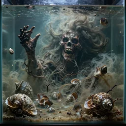 horrible destroyed mollusk tank hybrids in turbid chaos behind primordial soup in death sentence for year 5 0 8 3 cinematic, hyper detailed by richard m powers, jack gaughan, swirl by boris vallejo