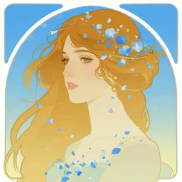 portrait of a dreamer, blue petals, summer sky, vector art by alphonese mucha