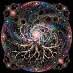 circular border with curly symmetrical designs colorful galaxy nebula, concept art, nature, fractals, depth of field, roots, fluid simulation in houdini, subsurface scattering, volumetric, natural muted tones, trending on artstation, rendered in octane, cgsociety, trippy