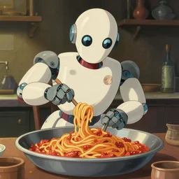 a robot making spaghetti bolognese, studio ghibli, cinematic, hyperdetail