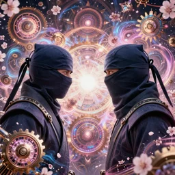 a portrait of two ninjas wearing a cowl!!!!, facing each other!!!!!! surrounded by fractals and mandalas and cherry blossoms and hadron collider technology and metal gears and swirling bioluminescent energy!!!!!!!!!, art by peter mohrbacher and dan mumford, 8 k octane render, hyperrealistic
