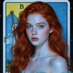 space astral portrait of a beautiful girl, red hair, ginger hair, fantasy, glowing skin, smooth face, perfect eyes, half body shot, tarot card