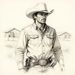 a line drawing of a cowboy by joe fenton, trending on artstation, realistic rendering