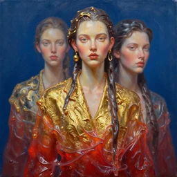 3 d, close - up, boiling liquid gold and red water, mad fashion model, plastic, poster art, high detail, intricate oil painting, multiple exposure, deep blue mood, hyperrealism, 3 d, by tooth wu and wlop and beeple and greg rutkowski
