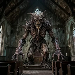 picture of a complex disgusting creature, as in movies by david cronenberg, southern gothic, inside of an old wooden church in louisiana, dark and intricate photograph