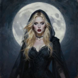 portrait of beautiful blonde woman as a Dark evil witch, big moon in the background, oil painting by me