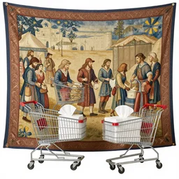 a medieval tapestry of people shopping at walmart!!, shopping carts!!, old, tissue, embroidery, handmade, drawings, old english text, professional photography