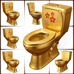 a golden toilet with red flowers embossed into the material, the toilet is shiny, junji ito, varying locations, varying angles, color restoration