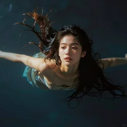 a thin, pretty young Filipino woman with long hair floats in a dream world, beautiful dramatic lighting, abstract, trending on artstation