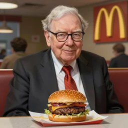 portrait of warren buffett, sitting inside a mcdonalds, hamburger, exude an eternity, hyperrealistic, by beeple, greg rutkowski, caspar david friedrich, smooth, illustration, elegant, artstation, digital painting.