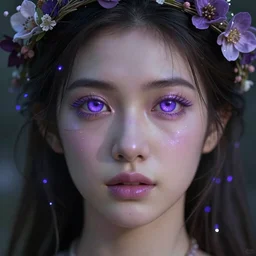 beautiful portrait of a woman, close up shot, mystical, violet eyes, fantasy, with flower crown, HD, octane render, light leaks, photorealistic render