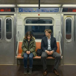 an oil painting by Edward Hopper, 3/4 low angle view wide shot of two people sitting in an empty Chicago subway train, in front of windows: a sad Aubrey Plaza in a parka and a friendly Mads Mikkelsen in a suit
