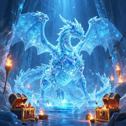 film still of a fire ice crystal dragon in a blue glowing ice cave, torches,, treasure chests, disney, pixar, blizzard concept artists, world of warcraft, digital art, intricate, trending on artstation, deviantart, 8k, vibrant, high res