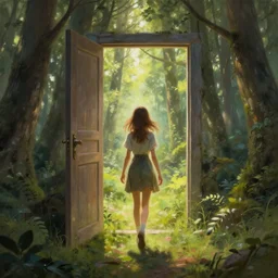 a girl in the middle of the forest walking through a door that connects to another world, fantasy painting, artstation