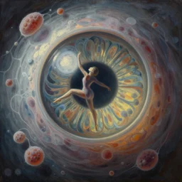 microscopic micro - organism dancing around in the pupil. painting by hans arp, mark rothko, juan miro, maria sybilla merian, agnes pelton
