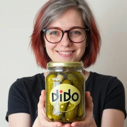 a smiling girl with short grey red hair and dark rim glasses, she is proudly holding a fido jar into the camera. close up. the fido jar is filled with big green pickles, by wassily kandinsky