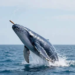 a photorealistic whale jumping out of water while smoking a cigar, ultra realistic, octane render