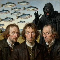 The portrait of three sarcastic men with a lot of fish running away from Grim Reaper who laughs and follow them, by Hieronymus Bosch and Pieter Bruegel inspired by Terry Pratchett, super detailed oil painting, hyper realistic faces, 4k, masterpiece