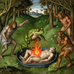a frog dunking over demons boiling a sinner in the garden of earthly delights, close up, hieronymus bosch