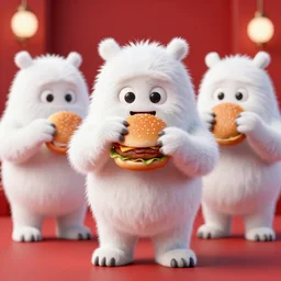 3 d white fur monster standing and eating a hamburger in a red room