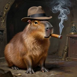 a painting of a capybara smoking a cuban cigar while a fedora sitting in a secret base by Krenz Cushart, high detail, concept art, artstation, 8k
