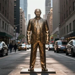 a sculpture of putin standing in the middle of a street in new york city,