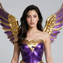 portrait of a superwoman with gold and purple wings, glowing detail, by wenjun lin and artem chebokha and alena aenami and ian llanas, 4 k