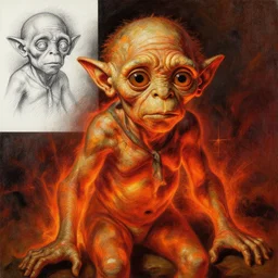 a beautiful painting of gollum, by rembrandt and hendrick terbrugghen, rembrandt lighting, beautiful composition and structure, high contrast, high saturation, vivid ember colors, cross hatching featured on artstation, shading study, lighting study, studio lighting