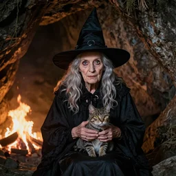 photorealistic portrait of an old witch in a cave, face in firelight with cat
