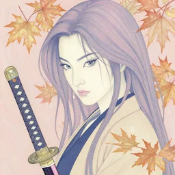 breathtaking detailed pattern pastel colors of uma thurman ( kill bill ) with katana and autumn leaves, by hsiao - ron cheng, bizarre compositions, exquisite detail, enhanced eye detail