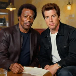 painting pulp fiction movie highly detailed full - body samuel l jackson and john travolta posing in cafe, perfect symmetrical eyes, by david lynch, twin peaks style, 8 k resolution, digital art, hyper realistic