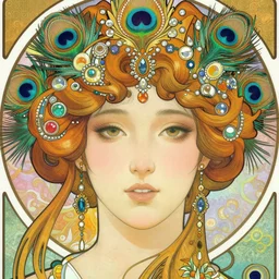 realistic detailed face portrait of an otherworldly fairy tale Peacock Goddess with colorful feathers and ornate jewels in her hair by Alphonse Mucha, Ayami Kojima, Amano, Charlie Bowater, Karol Bak, Greg Hildebrandt, Jean Delville, and Mark Brooks, Art Nouveau, Neo-Gothic, gothic, rich deep dark peacock feather colors
