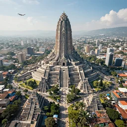 remarkable airplane view of a cyberpunk mayan city in guatemala which helds a million cultivated people and it is graced by a huge sacred futuristic temple