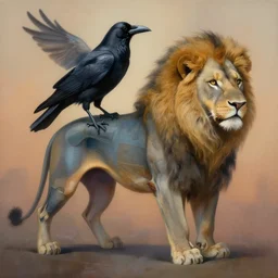 painting of hybrid between crow!!!!!!!!!!!!!!!!!! & lion, intercrossed animal, mixture animal, by tiffany bozic, by zdzislaw beksinski, organic, logical anatomy, cold hue's, warm tone gradient background, concept art, beautiful composition, digital painting,