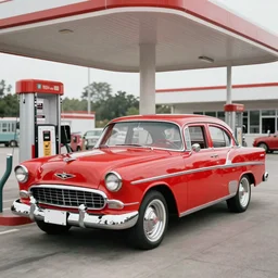stylized photo of a red car at a gas station in 1956