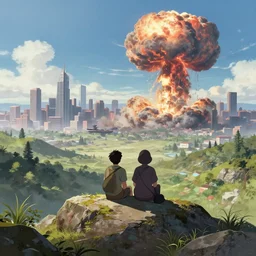 a couple sitting on top of a rock covered serene hillside watching a nuclear explosion in a distant city with skyscrapers, a detailed matte painting by filip hodas, sharp focus, anime asthetic, cgsociety, fantasy art, cinematic, artstation hq, vfxfriday, dystopian art, octane render