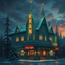 building by thomas kinkade, tron forest lake apocalyptic neon signs, archdaily, wallpaper, highly detailed, trending on artstation.