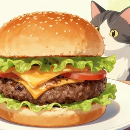 full close up image burger food, image burger and cat, photo burger and cat, close up, full image, food, burger, hamburger, tasty look, artstation, style of jesper ejsing, by rhads, makoto shinkai and lois van baarle, ilya kuvshinov, rossdraws