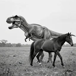 [ [ [ [ [ t rex ] ] ] ] ] and a horse, walk, soft, black and white, photograph, 1 8 5 0 s