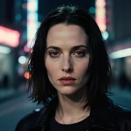 A hyper realistic and detailed head portrait photography of Cary-Anne Moss of The Matrix on a futuristic street. by Annie Leibovitz. Neo noir style. Cinematic. neon lights glow in the background. Cinestill 800T film. Lens flare. Helios 44m