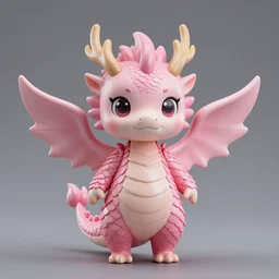 accurate detailed pvc cute dragon girl with pink scales, wearing a pink dress, giant wings, figurine!!!, studio lighting, grey background, no shadow, trending on artstation, 4 k, sharp, highly - detailed, focus on face!!!