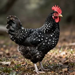 a newly discovered breed of chicken with black feathers that is spotted with small very distinct white hearts!!!