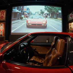 fuji 5 0 r, fish eye ; film still of ferrari style car interior with front seat side window view ; in background a projection of beautiful hyperrealistic film still from ronin ( 1 9 9 0 ) car chase scene directed by wes anderson instyle of 1 9 9 0 s frontiers in miniature porcelain kintsugu design magazine seinen manga edition, real - life seinen manga porcelain sci - fi font izakaya sign, highly detailed, cinematic lighting, 8 k
