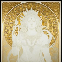 a painting. a white shiva. trichiales. gold art nouveau mucha border. top circle arch, hyper complexity, intricate detailed, realistic art deco by greg rutkowski and zdzisław beksinski and john harris photoreal