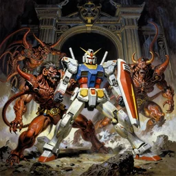 painting of a gundam battling demons at the gates of hell by frank frazetta