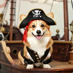 a beauty corgy dressing a pirate costume in a pirate ship